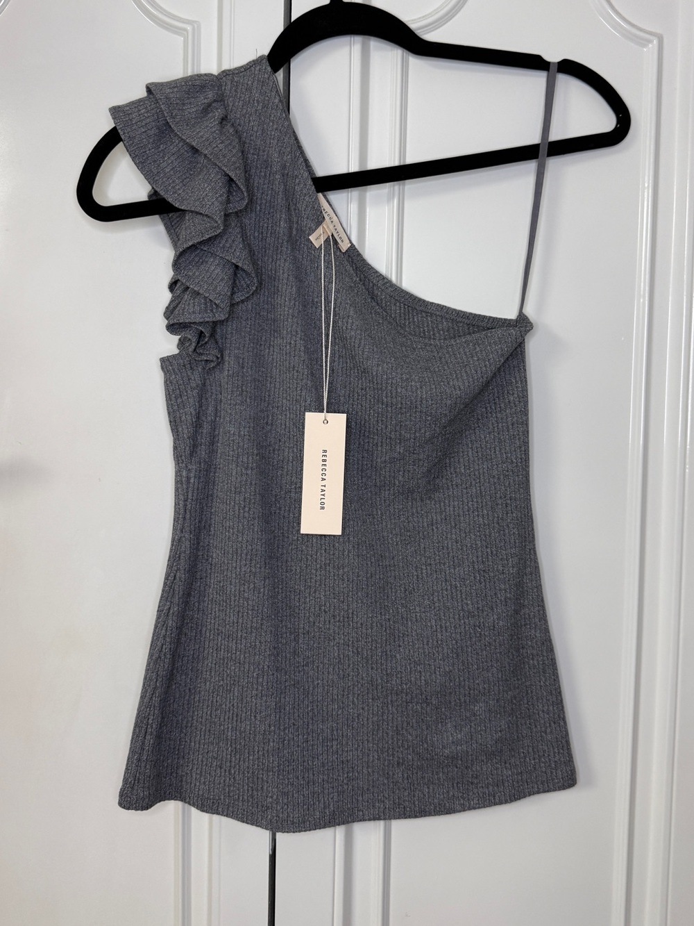 $195 NWT Rebecca Taylor Charcoal Grey One-Shoulder Ruffle Knit Top